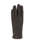 An Auclair black leather glove with angle stitching at cuff with two silver eyelets with small tied bow through them.