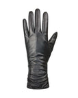 An Auclair black Leather glove with scrunchy look from the wrist to the cuff.