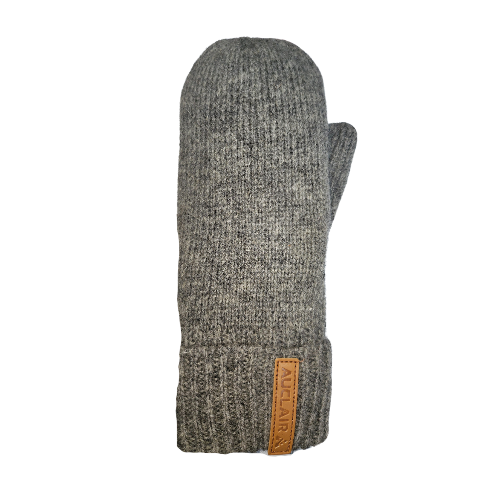 A grey wool mitten with Auclair logo on the cuff. 