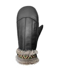 An Auclair black leather mitt with vertical lines and a light grey fur cuff with beige zig-zag and green triange design.