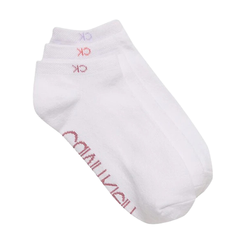 3 pairs of white Calvin Klein ankle socks with logo in 3 different colors, pink, orange and purple.