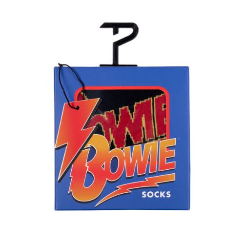 Blue box with &quot;Bowie&quot; and a red lightening bolt on it; package for socks with same pattern.