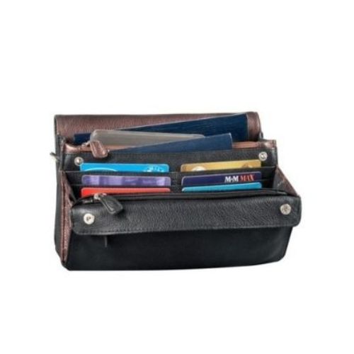 Interior of organizer bag with bronze trim. Features card holders, two zippered pockets, and multiple compartments.