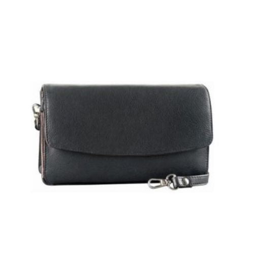 Rectangular black leather bag with flap closure and a detachable shoulder strap.