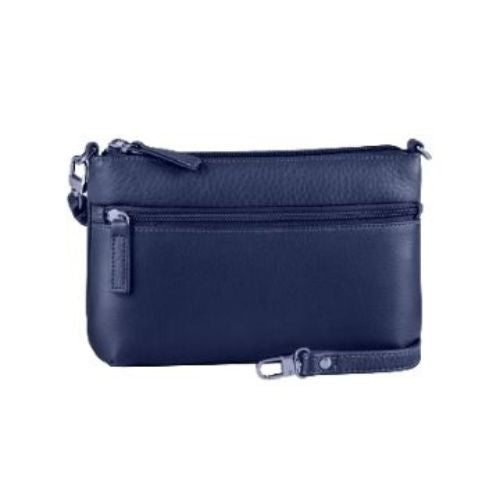 Navy leather crossbody bag with top zip closure, a front zippered compartment, and a removable shoulder strap. 