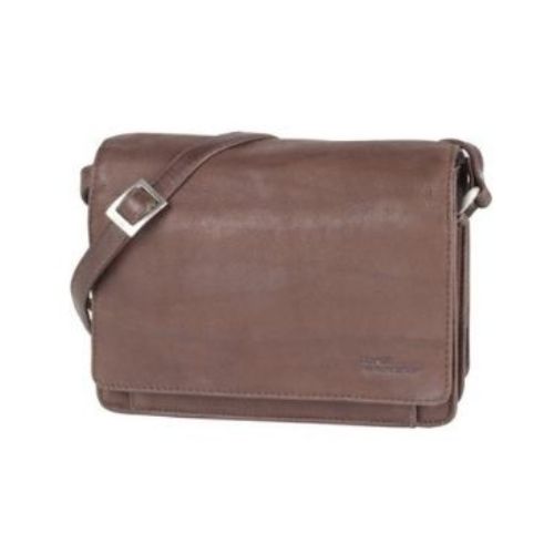 3/4 flap organizer bag in brown. A dark brown leather bag with a flap closure and an adjustable shoulder strap. 