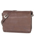 3/4 flap organizer bag in brown. A dark brown leather bag with a flap closure and an adjustable shoulder strap. 