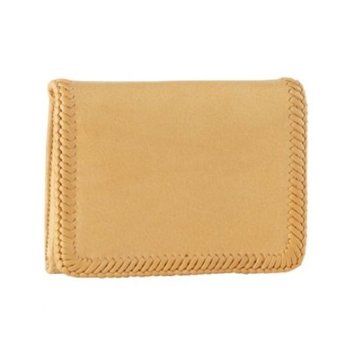 Pale yellow leather wallet with braided leather trim.