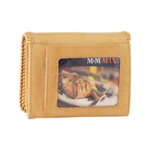 Rear exterior of leather wallet, showing additional ID window and card slot. 