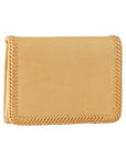 Pale yellow leather wallet with braided leather trim.