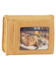 Rear exterior of leather wallet, showing additional ID window and card slot. 