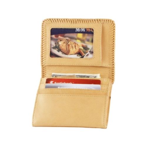 Interior of leather wallet, displaying card slots and ID window. 