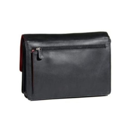 Rear view of the 3/4 flap organizer crossbody bag in black-red. Features a zippered pocket. 