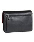 Rear view of the 3/4 flap organizer crossbody bag in black-red. Features a zippered pocket. 