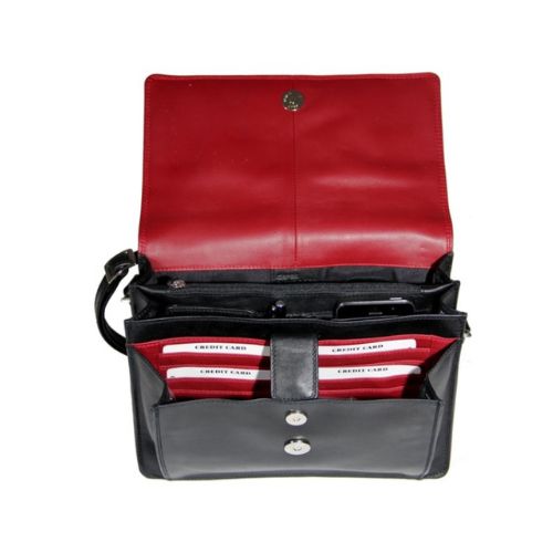 Interior of the 3/4 flap organizer crossbody bag in black-red. Black lining with red leather accents. Bag holds a cellphone, pen, and multiple credit cards across multiple compartments.