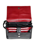 Interior of the 3/4 flap organizer crossbody bag in black-red. Black lining with red leather accents. Bag holds a cellphone, pen, and multiple credit cards across multiple compartments.