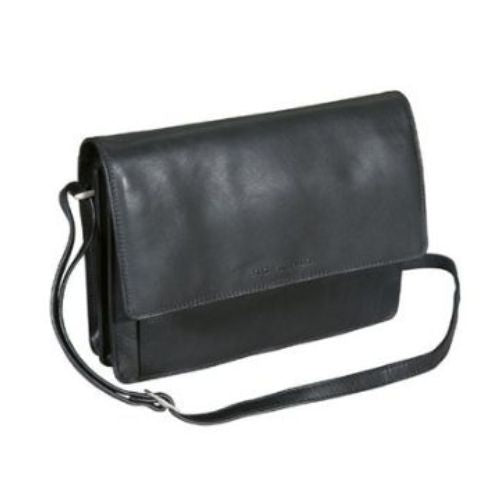 3/4 flap organizer crossbody bag in black. A black leather handbag with a flap closure and an adjustable shoulder strap, fitted with silver hardware. 