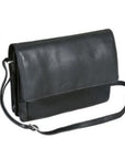 3/4 flap organizer crossbody bag in black. A black leather handbag with a flap closure and an adjustable shoulder strap, fitted with silver hardware. 