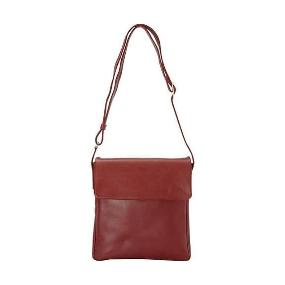 Red leather messenger bag with flap closure and a wide, adjustable shoulder strap. 