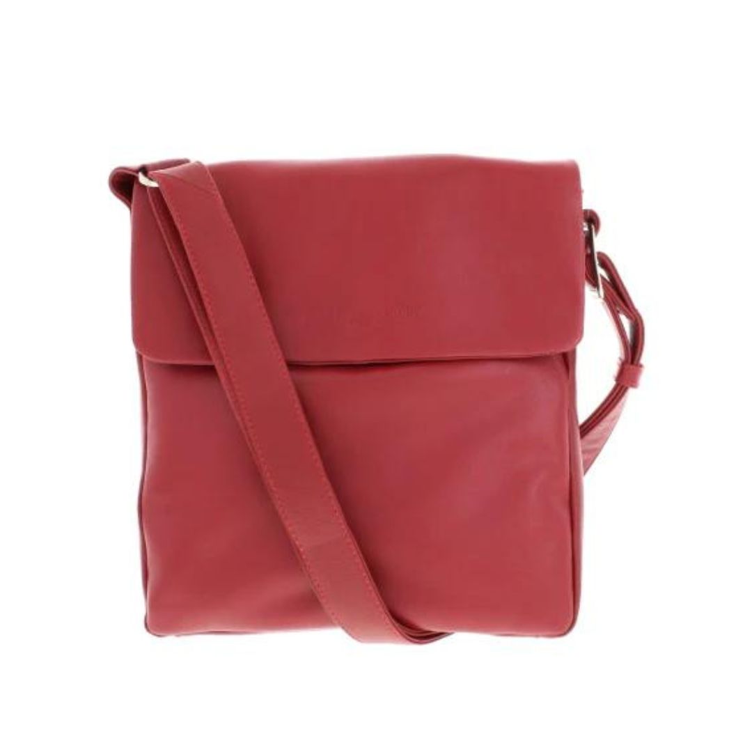 Red leather messenger bag with flap closure and wide, adjustable shoulder straps. 