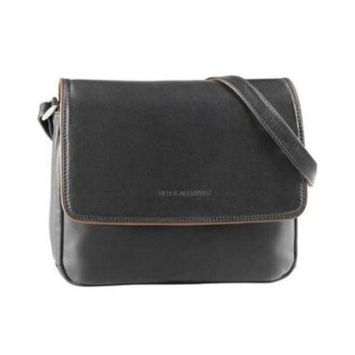 3/4 flap organizer bag in black-brown. Black leather purse with brown trim. Derek Alexander logo is embossed in the center. 