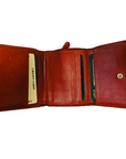 Open tri-fold red leather wallet with card slots, snap close, and zippered side pocket