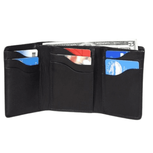 Open Black leather with black stitching showing 9 card slots with side slots and cash slot