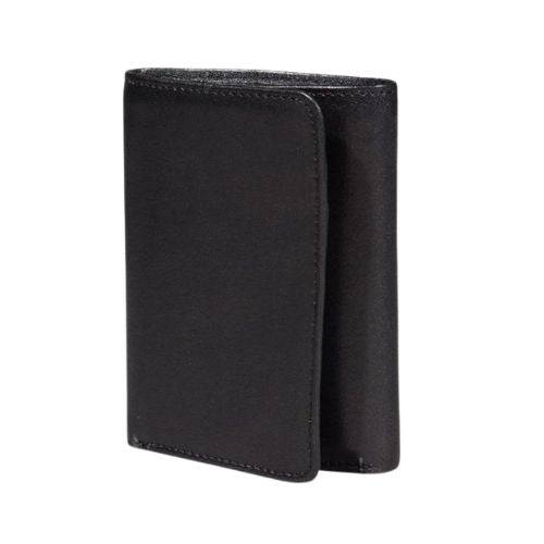 Black leather tri-fold wallet closed with black stitching