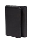 Black leather tri-fold wallet closed with black stitching