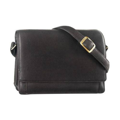 Black leather handbag with 3/4 flap closure and an adjustable shoulder strap. 