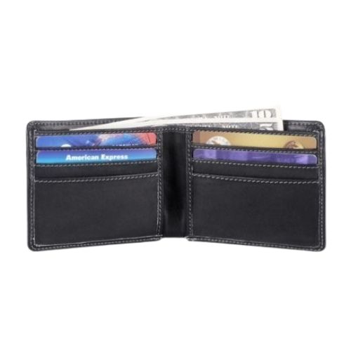 Open black leather with light grey stitching bill fold wallet showing 6 credit card slots, 2 side slots inside and 2 cash slots.