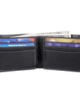 Open black leather with light grey stitching bill fold wallet showing 6 credit card slots, 2 side slots inside and 2 cash slots.