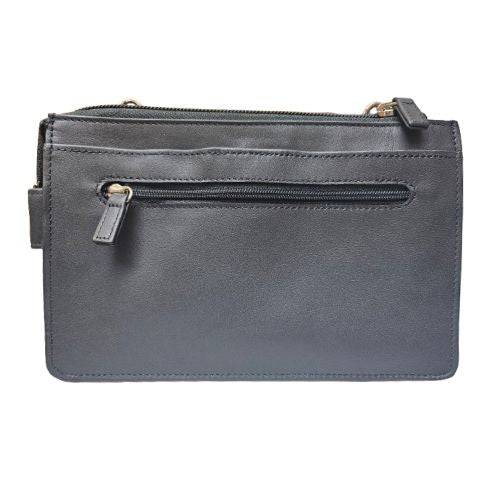 Derek Alexander Deluxe Clutch in black with a sleek design, featuring a front zippered pocket and removable shoulder strap for versatile use.