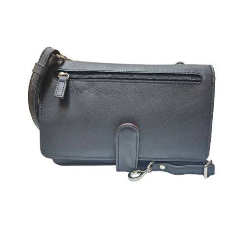 Derek Alexander Deluxe Clutch in black with a removable shoulder strap and front zipper pocket, versatile for crossbody or handheld use.