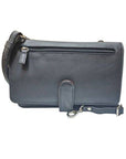 Derek Alexander Deluxe Clutch in black with a removable shoulder strap and front zipper pocket, versatile for crossbody or handheld use.