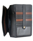 Derek Alexander Deluxe Clutch in black with brown accents, featuring multiple card slots, a snap closure, and an organized interior. Perfect for day-to-night use with a removable shoulder strap.