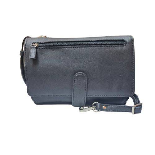 Black Derek Alexander leather bag with a removable shoulder strap and front zip pocket, versatile for day-to-night use.