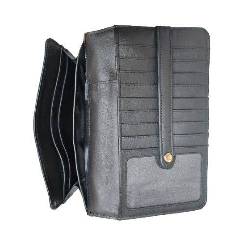 Derek Alexander black leather bag with multiple card slots, a snap closure, and spacious compartments for organization.