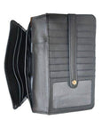 Derek Alexander black leather bag with multiple card slots, a snap closure, and spacious compartments for organization.