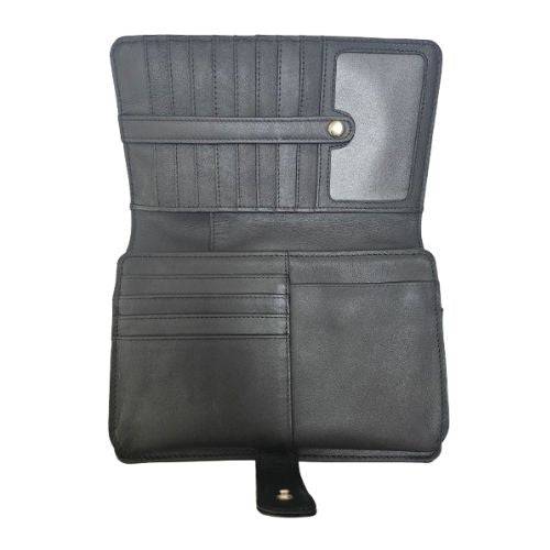 Derek Alexander Deluxe Clutch with multiple card slots, black leather interior, and snap closure. Ideal for organizing essentials.