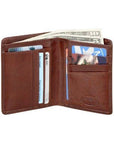 Interior of brown leather wallet, containing cards and cash. Derek Alexander logo is embossed on a card sleeve. 