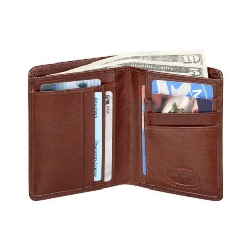 Interior of brown leather wallet, containing cards and cash. Derek Alexander logo is embossed on a card sleeve. 