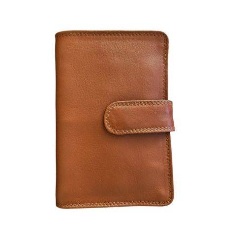 Accordion wallet in soft leather with dome closure, featuring a compact design in tan color. 