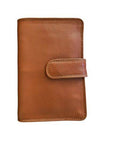 Accordion wallet in soft leather with dome closure, featuring a compact design in tan color. 