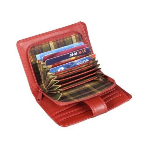 Accordion wallet with 11 card slots, zippered pocket, and plaid interior.