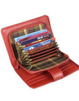 Accordion wallet with 11 card slots, zippered pocket, and plaid interior.