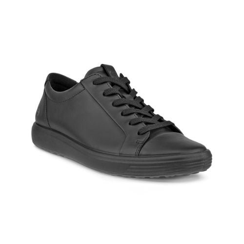 All black leather upper sneaker with black laces, midsole and outsole. 