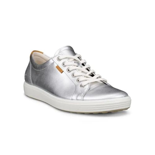 Silver leather upper sneaker with a brown Ecco logo tag near the white laces and a white midsole and a beige outsole. 