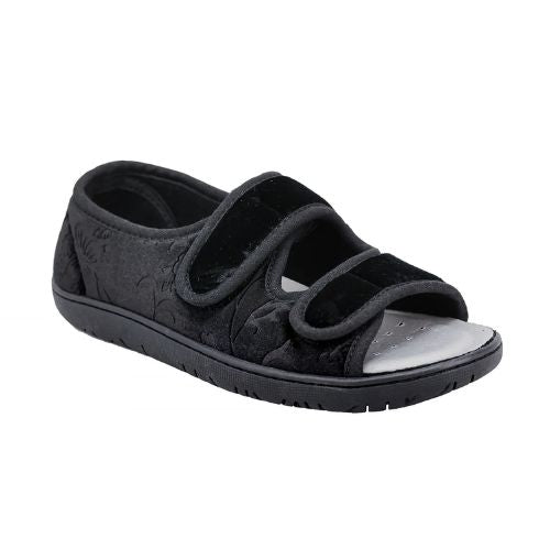 An open-toe slipper with two adjustable straps across the foot and a closed back. The upper is a black textile with a subtle embossed pattern. The outsole is black rubber. 