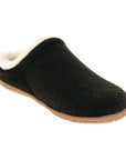 Hadley Slipper in black. An open back slipper with a black felt upper, a white faux fur collar, and a brown rubber outsole. 